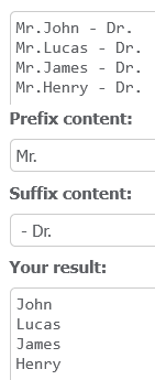 Online text lines prefix and suffix remover Online text lines prefix and suffix remover